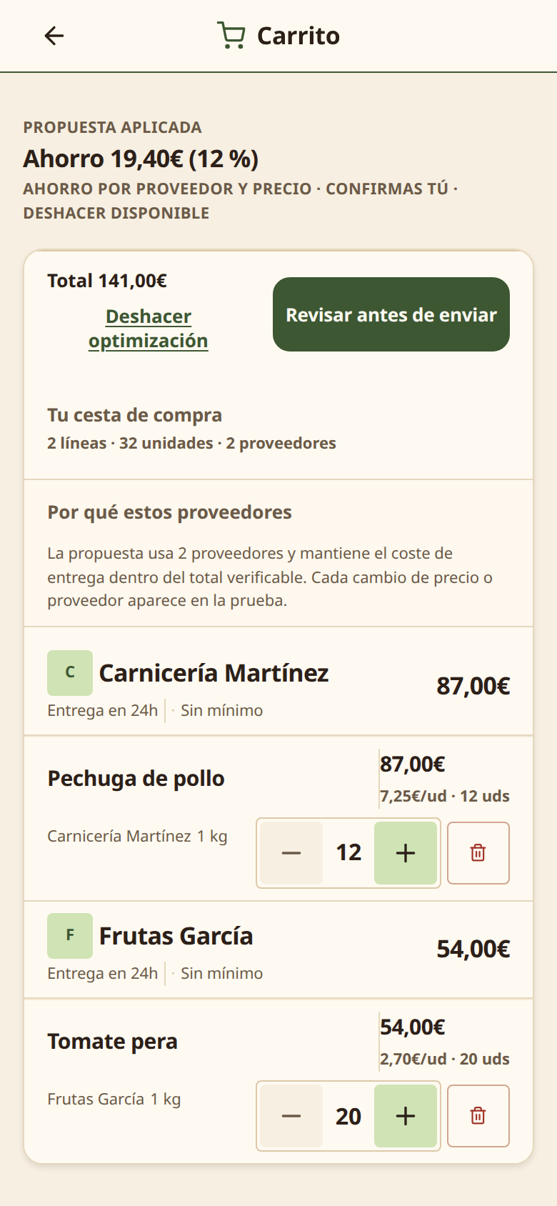 Móvil: propuesta aplicada con un diferencial ilustrativo de 19,40 € sobre 160,40 € (12% menos)