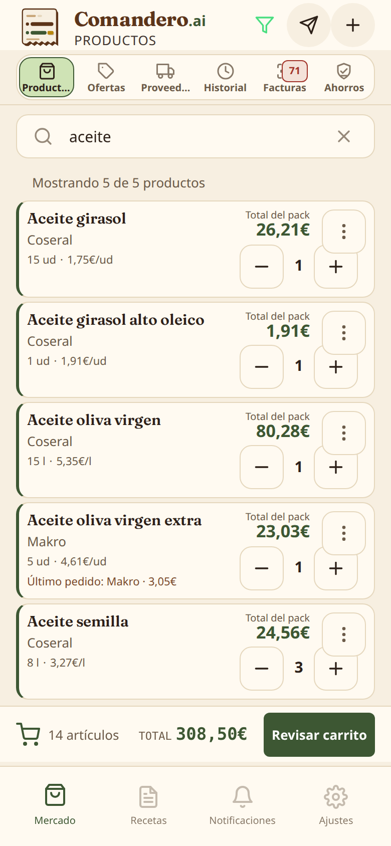 Móvil: catálogo filtrado a cinco aceites con precio y proveedor